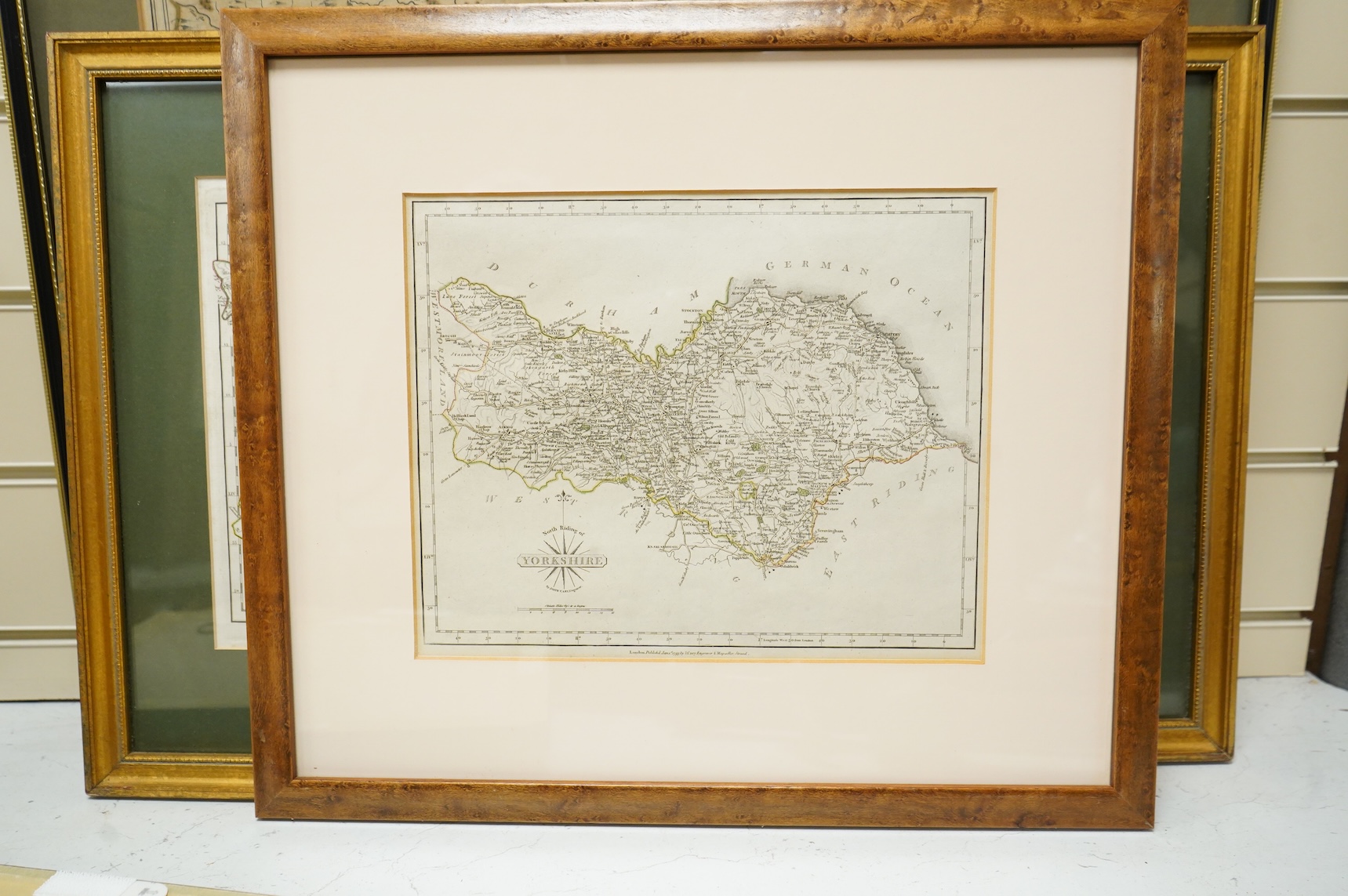 A collection of engraved maps including an example after Jan Jansson, and five late 18th century examples after J Cary, Yorkshire, published 1787 and 1793, framed, largest 38 x 50cm